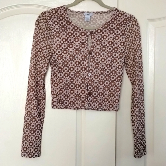 Rue21 brown white floral print mesh long sleeve crop top button down sheer - Picture 1 of 9